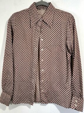 RARE Vtg.70s 100% Silk Brown/Pink/Cream Mod Shirt with Diamond Pattern.Size 12
